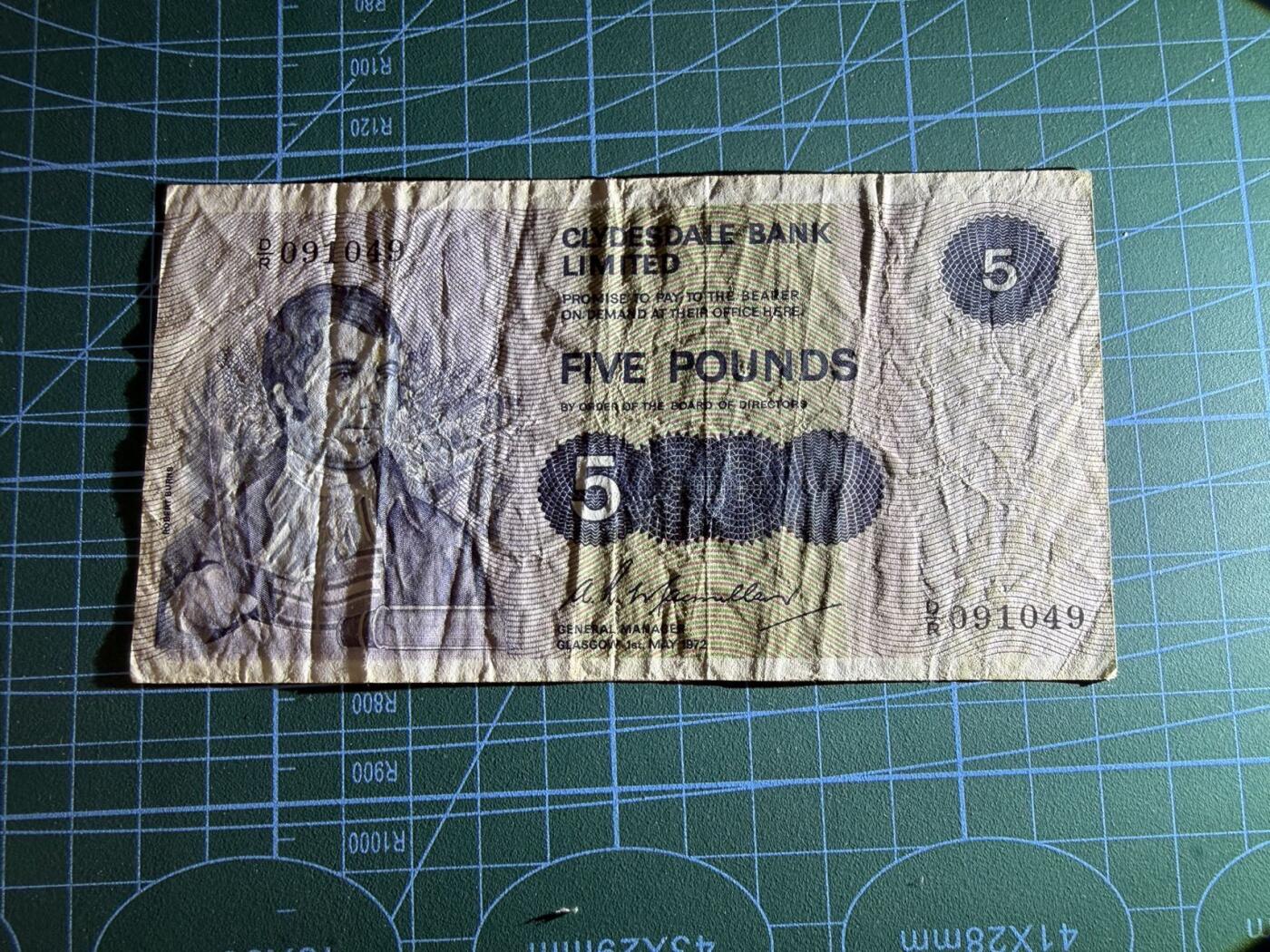 【炜奕收藏】，第五十期 1972年苏格兰克莱斯戴尔银行5镑，流通品相，早期年份少见