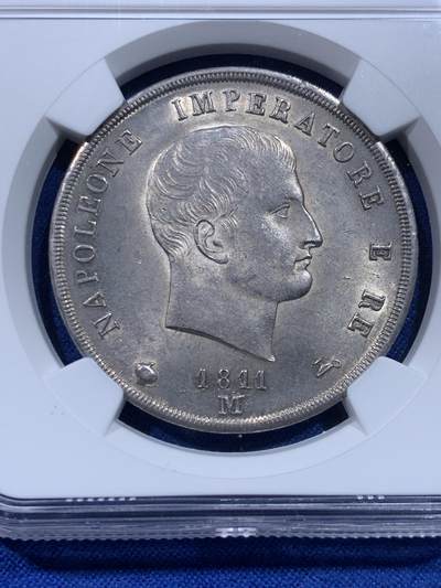 《竞宝斋》第437场 周日，周一2场连拍 （全场包邮） NGC MS63 意大利王国1811 拿破仑5里拉 拿破仑翻越阿尔卑斯山，战胜意大利，铸造的大银币 双面深打几乎没有减重痕 太不容易