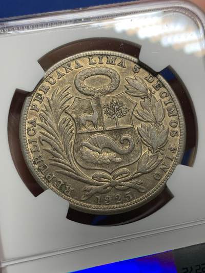 《竞宝斋》第437场 周日，周一2场连拍 （全场包邮） NGC XF45 秘鲁1925年坐人1索尔银币