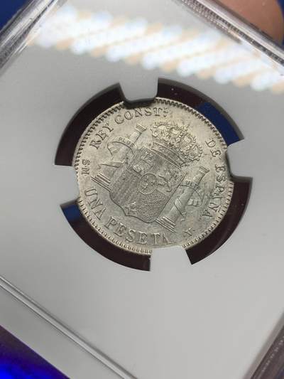 《竞宝斋》第437场 周日，周一2场连拍 （全场包邮） NGC AU55 西班牙 1901年 阿方索十三世 1比赛塔 银币 少见好品小面值