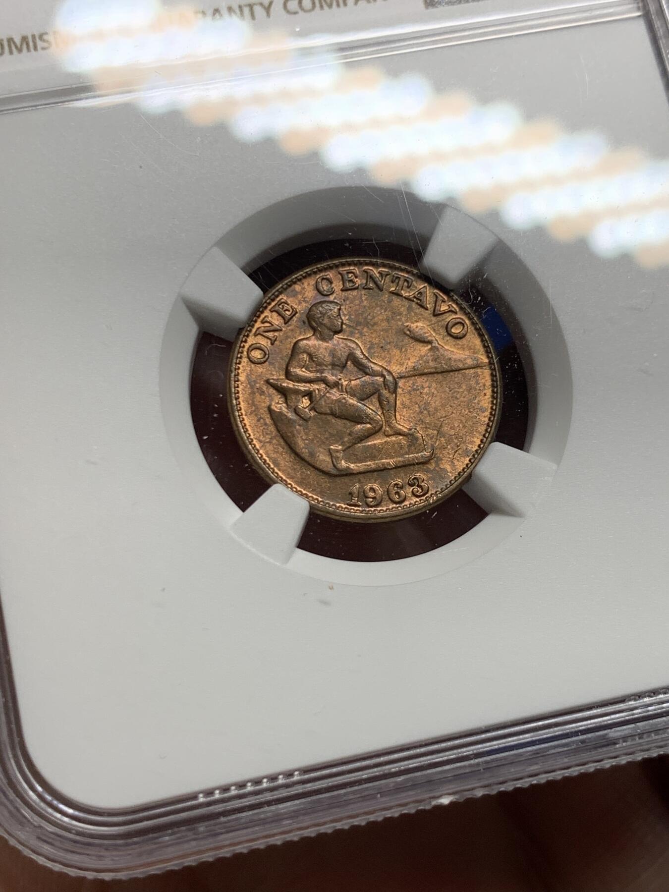 《竞宝斋》第437场 周日，周一2场连拍 （全场包邮） NGC MS62RB 菲律宾 1963年 1分 铜币 红光具在