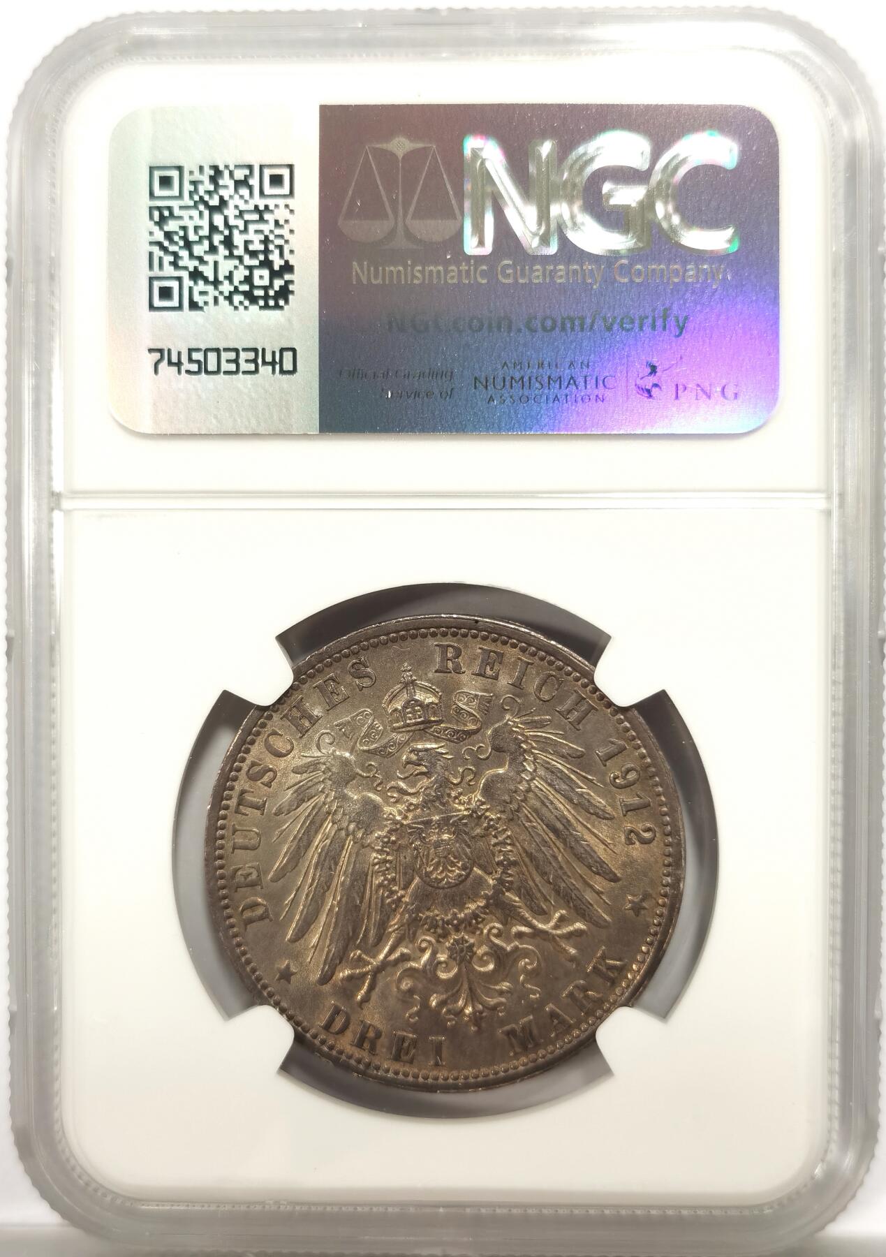 博洋堂世界钱币拍卖第146期（全场包邮） NGC MS61 德国符腾堡1912年威廉二世3马克银币