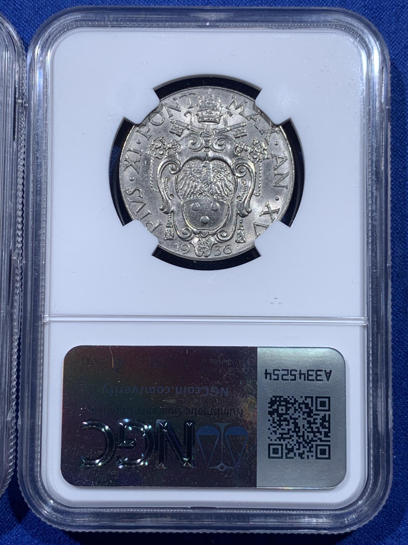 《竞宝斋》第437场 周日，周一2场连拍 （全场包邮） 两枚一组 NGC MS63 梵蒂冈 1932/36年 1里拉+2里拉镍币