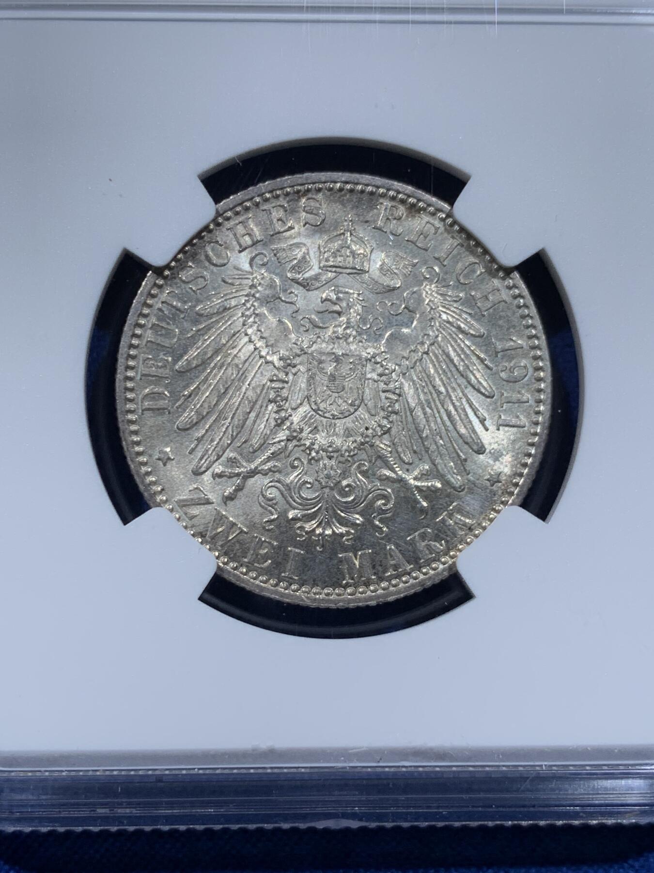 《竞宝斋》第437场 周日，周一2场连拍 （全场包邮） NGC MS63 德国巴伐利亚1911年利奥波德诞辰90周年2马克银币