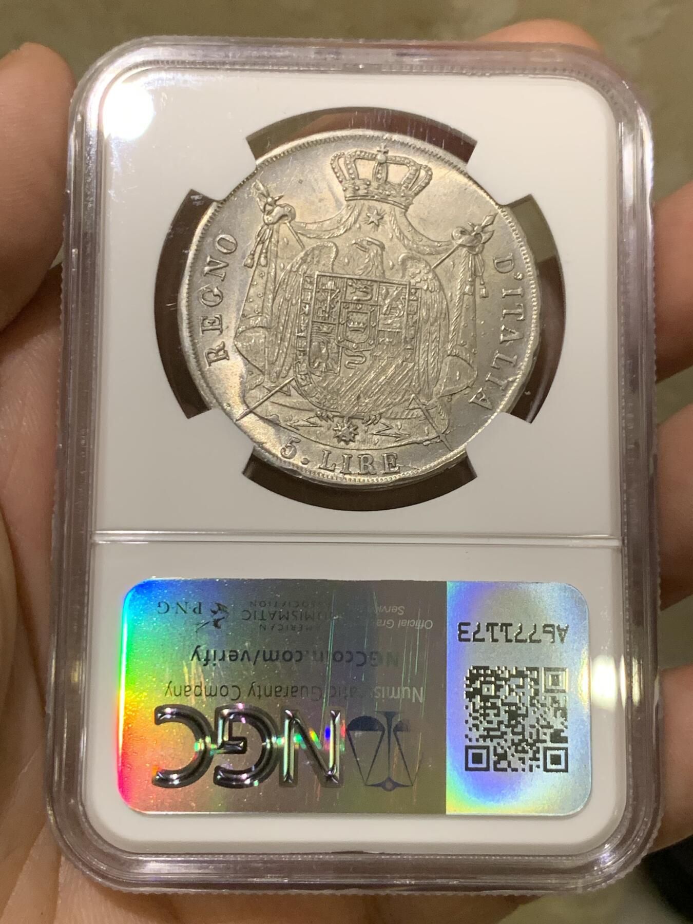 《竞宝斋》第437场 周日，周一2场连拍 （全场包邮） NGC MS63 意大利王国1811 拿破仑5里拉 拿破仑翻越阿尔卑斯山，战胜意大利，铸造的大银币 双面深打几乎没有减重痕 太不容易