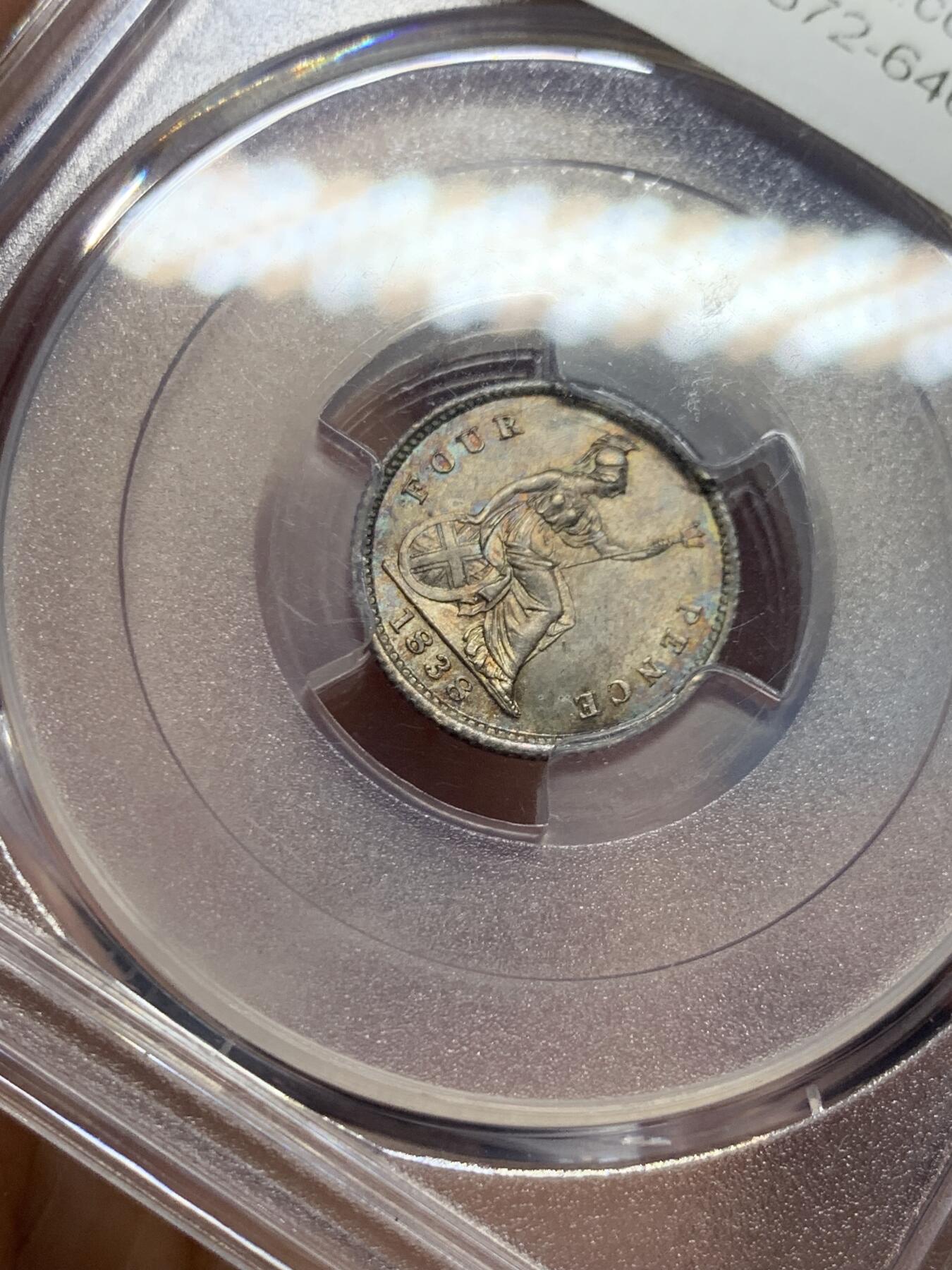 《竞宝斋》第437场 周日，周一2场连拍 （全场包邮） PCGS MS64+ 英国 1838年维多利亚首年GROAT 4便士银币 状态很好 转光十足