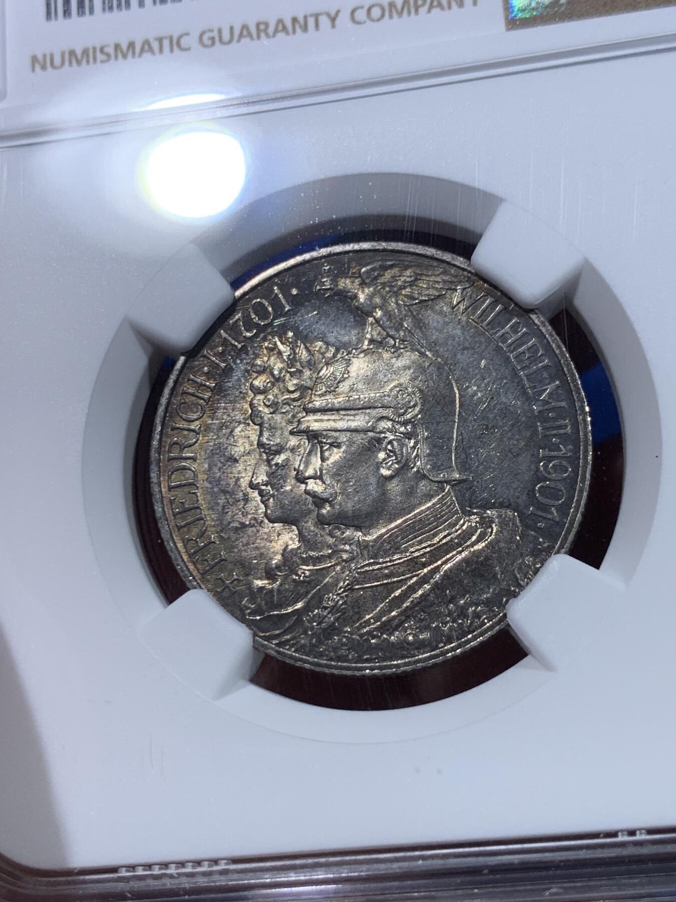 《竞宝斋》第437场 周日，周一2场连拍 （全场包邮） NGC MS62 德国 1901年 普鲁士建国纪念2马克银币