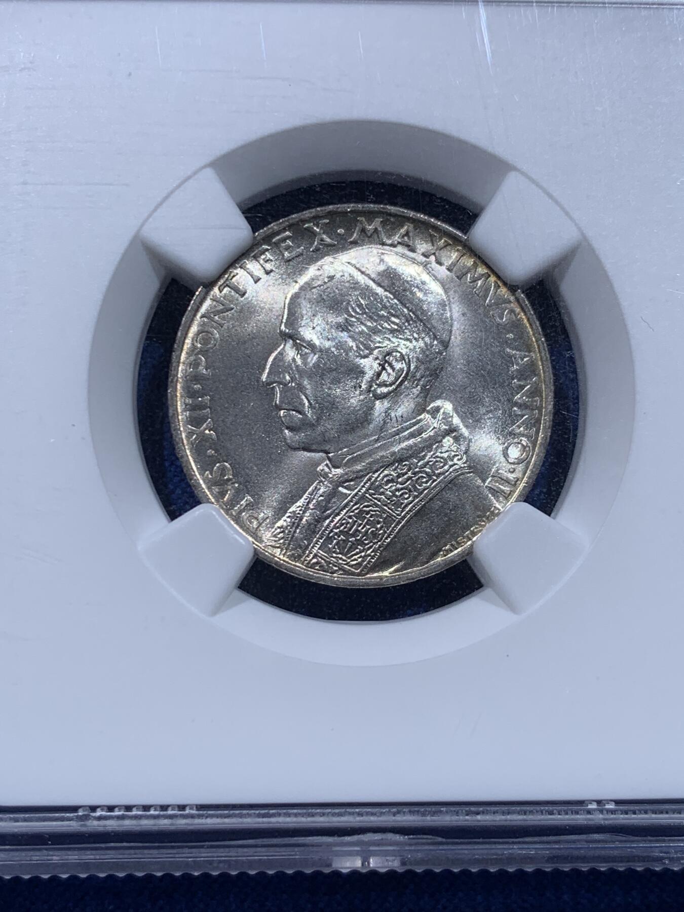 《竞宝斋》第437场 周日，周一2场连拍 （全场包邮） NGC MS64 教皇国梵蒂冈1940庇护十二世5里拉银币 原光