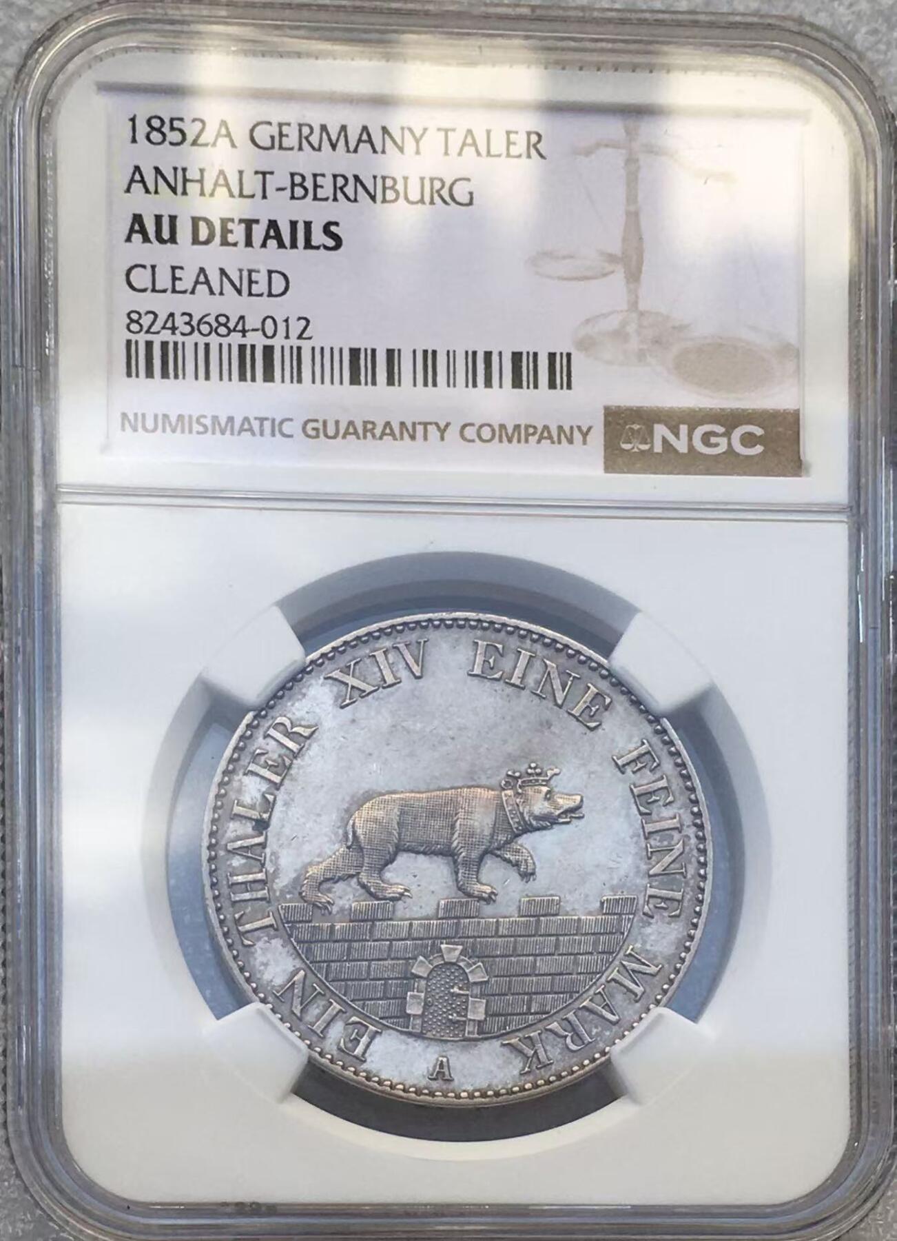 世界钱币专场拍卖 每周二开拍 NGC AU1852年德国安哈特贝恩堡小熊爬墙1泰勒银币 加重版
