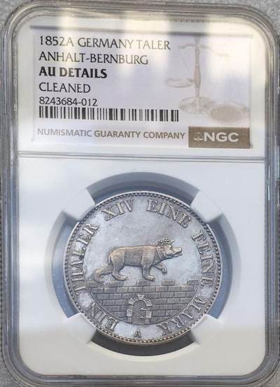 世界钱币专场拍卖 每周二开拍 - NGC AU1852年德国安哈特贝恩堡小熊爬墙1泰勒银币 加重版