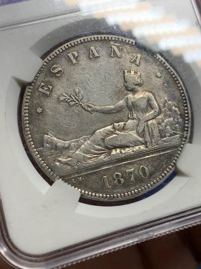 《竞宝斋》第437场 周日，周一2场连拍 （全场包邮） CNCS XF45 西班牙1870年拿花女神5比塞塔银币