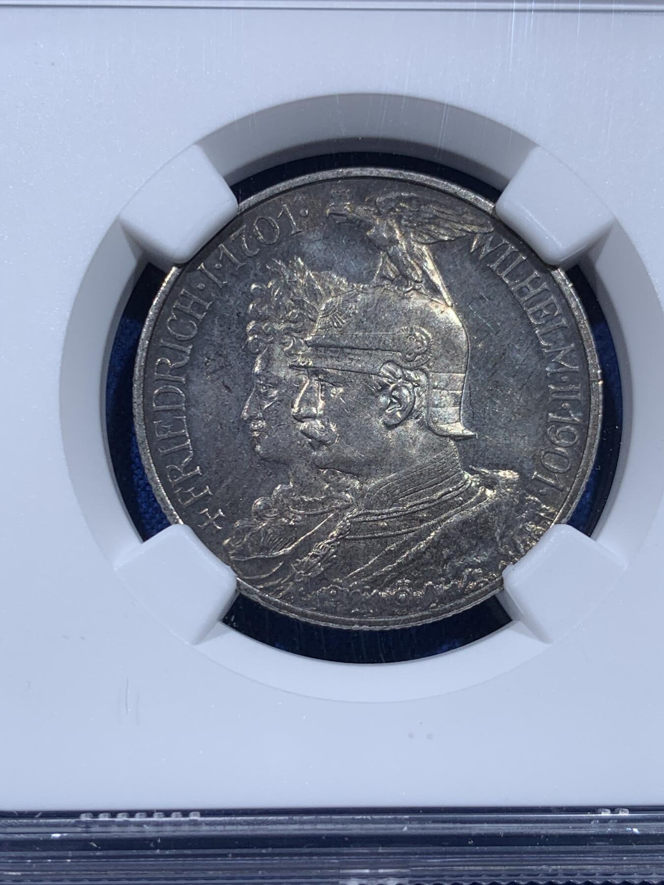 《竞宝斋》第437场 周日，周一2场连拍 （全场包邮） NGC MS62 德国 1901年 普鲁士建国纪念2马克银币