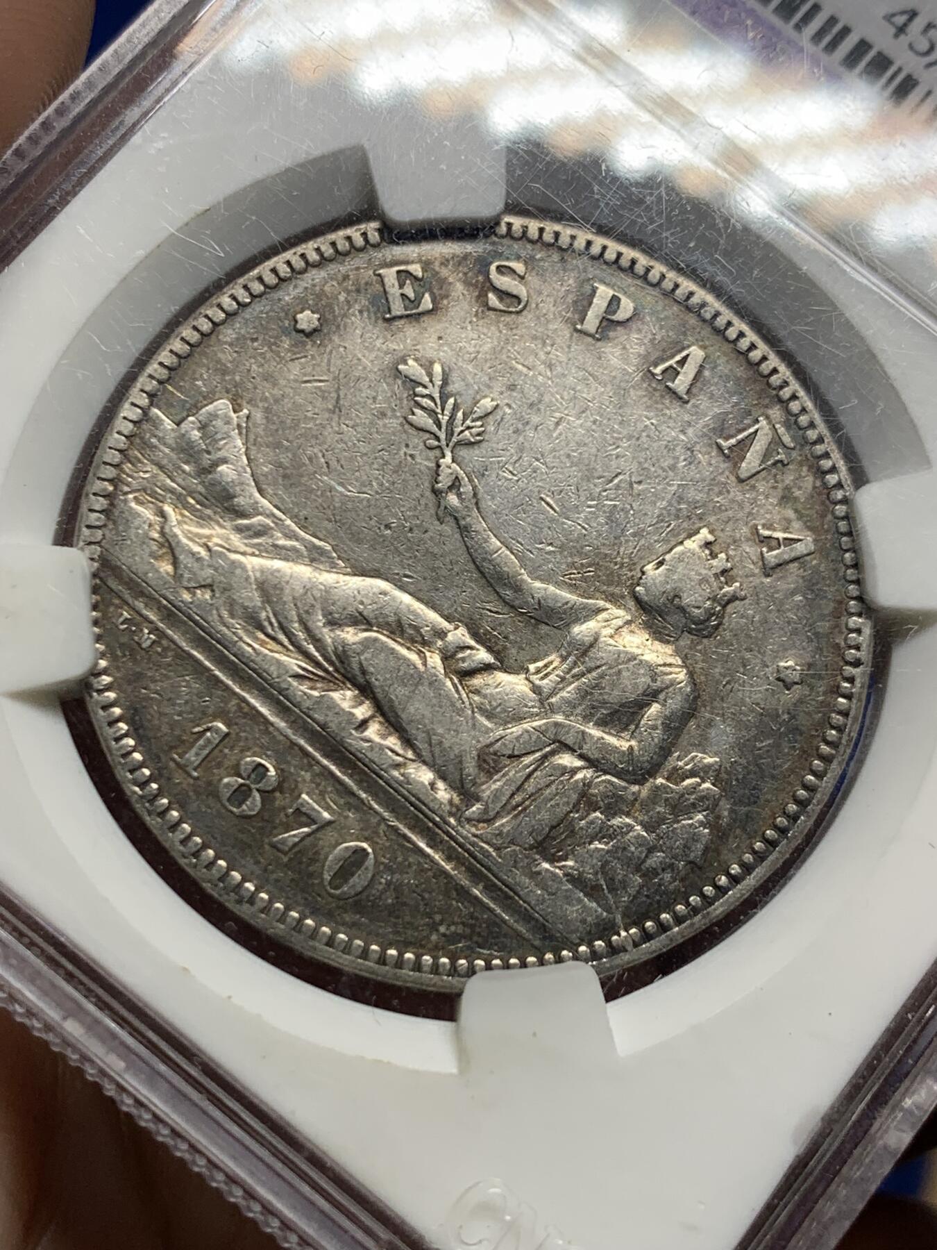 《竞宝斋》第437场 周日，周一2场连拍 （全场包邮） CNCS XF45 西班牙1870年拿花女神5比塞塔银币