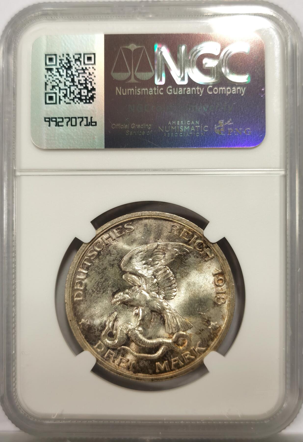 博洋堂世界钱币拍卖第146期（全场包邮） NGC MS63 德国普鲁士1913年战胜拿破仑纪念3马克银币