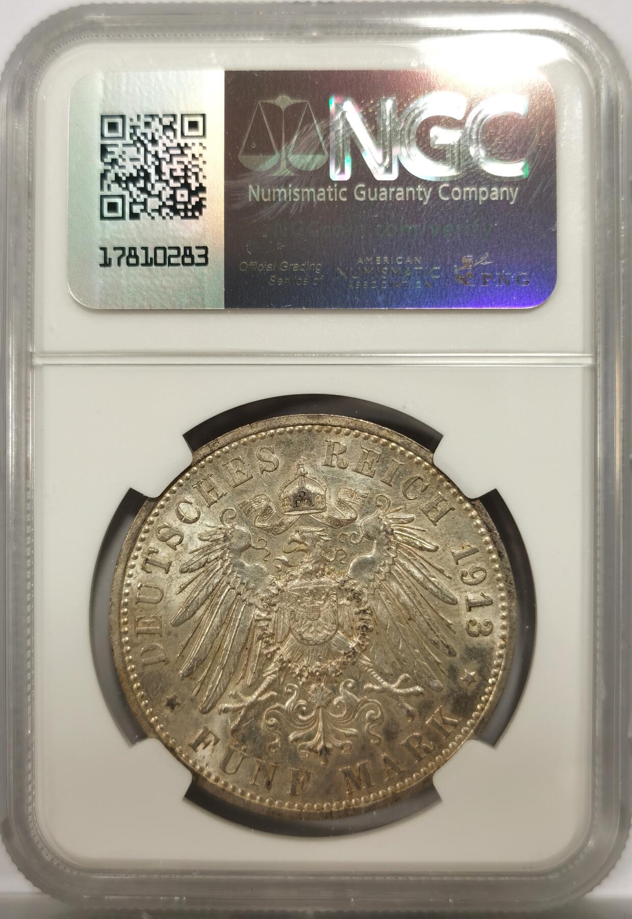 博洋堂世界钱币拍卖第146期（全场包邮） NGC UNC 德国普鲁士1913年威廉二世军装5马克银币 转光不错