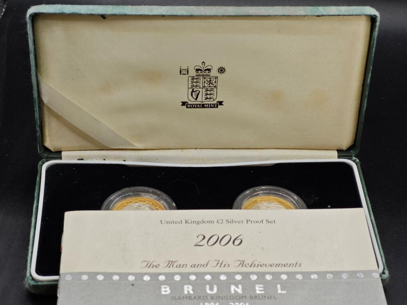 【淘币小摊】实时拍第七百九十五拍   银币套币场   满百包邮可预留二周 每周一统一发货   2006年英国2英镑2枚外圈镀金精制银币套 布鲁内尔（19世纪英国著名工程师）及其成就 2X12克925银 发行量2万 盒证全