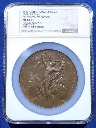 《竞宝斋》第437场 周日，周一2场连拍 （全场包邮） - NGC MS63BN 法国1881年首届国际电力博览会纪念铜章，80mm，大师罗蒂作品，加大加厚盒。