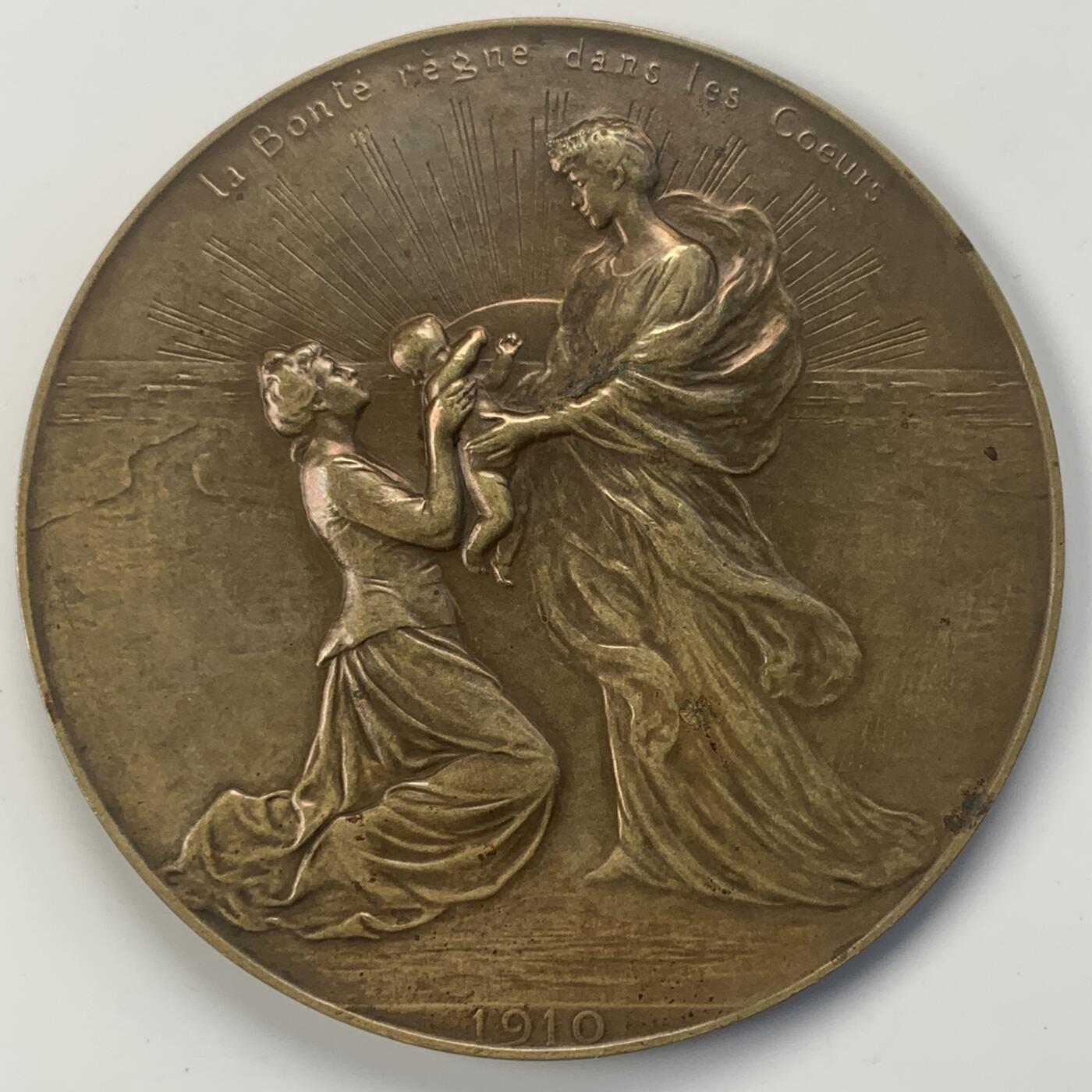 掌中浮雕-藏着的欧洲第041场 1910年比利时阿尔伯特伊丽莎白纪念铜章 ，70mm