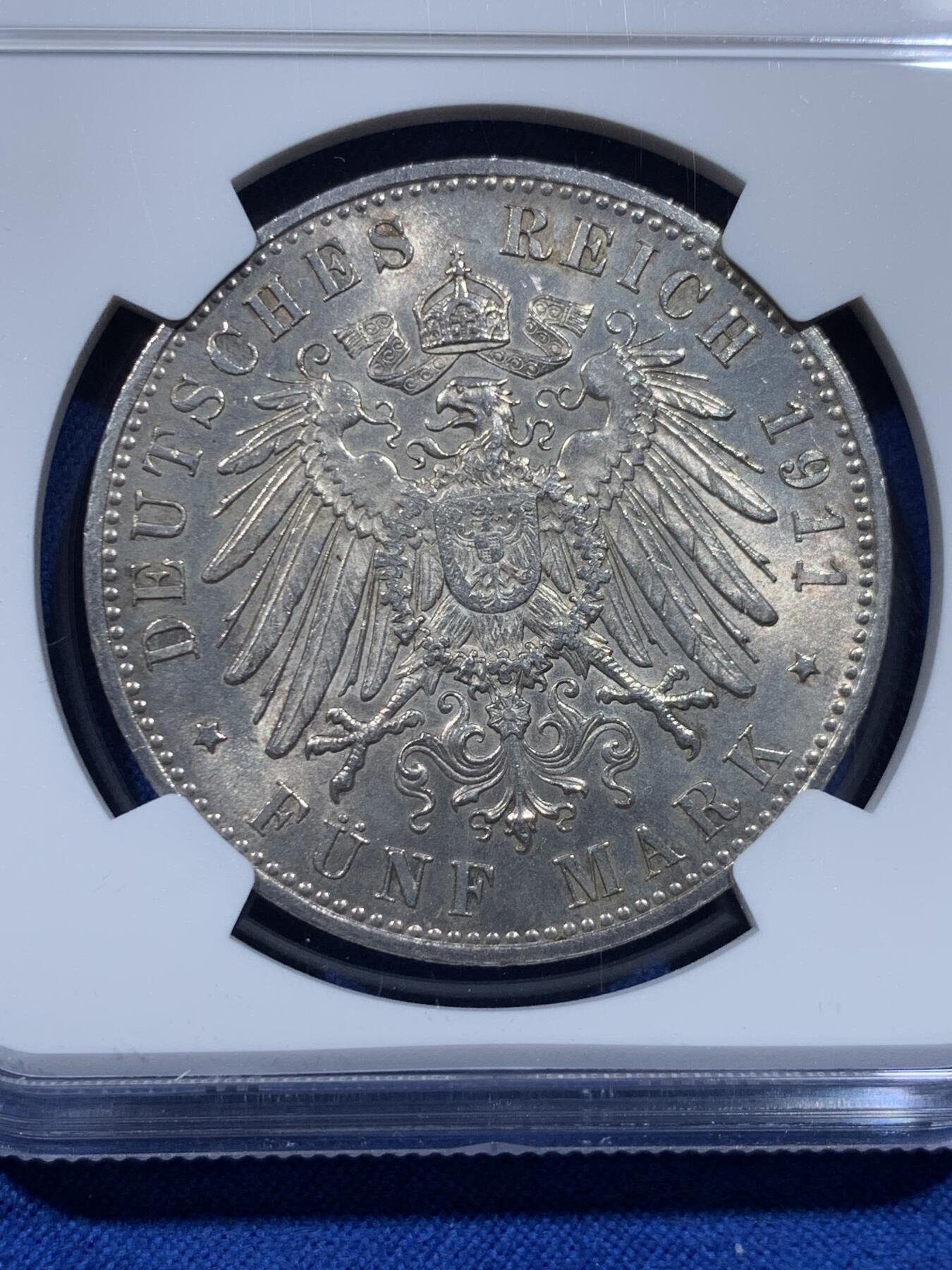 《竞宝斋》第437场 周日，周一2场连拍 （全场包邮） NGC MS63 德国巴伐利亚1911年利奥波德诞辰90周年5马克 银币