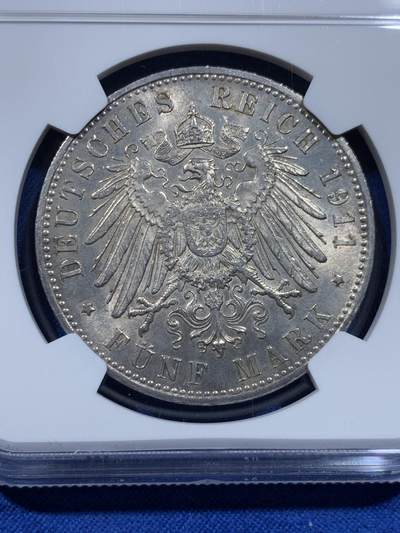 《竞宝斋》第437场 周日，周一2场连拍 （全场包邮） NGC MS63 德国巴伐利亚1911年利奥波德诞辰90周年5马克 银币