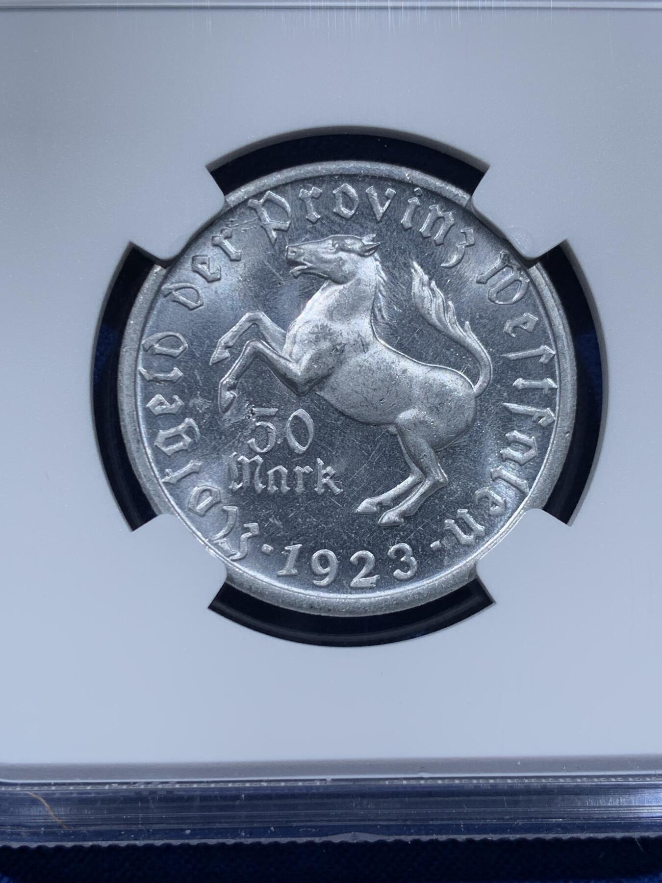 《竞宝斋》第437场 周日，周一2场连拍 （全场包邮） NGC MS63 德紧威斯特法伦1923年50马克铝质马币