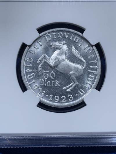 《竞宝斋》第437场 周日，周一2场连拍 （全场包邮） NGC MS63 德紧威斯特法伦1923年50马克铝质马币