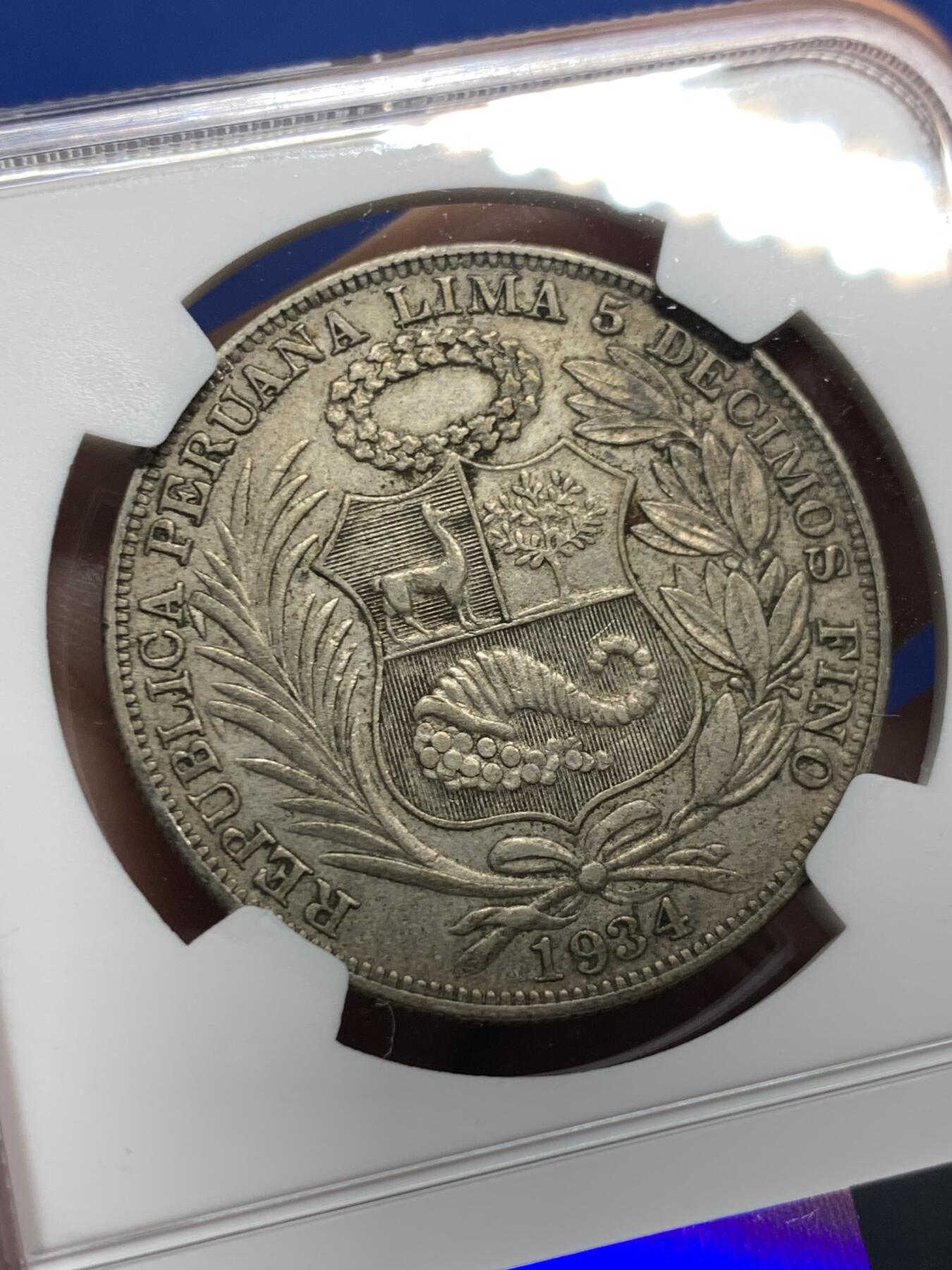 《竞宝斋》第437场 周日，周一2场连拍 （全场包邮） NGC AU50 秘鲁 1934年 女神 1索尔 银币 老包浆状态很舒服