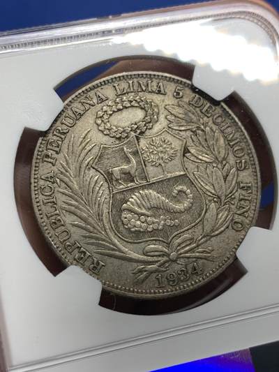 《竞宝斋》第437场 周日，周一2场连拍 （全场包邮） NGC AU50 秘鲁 1934年 女神 1索尔 银币 老包浆状态很舒服