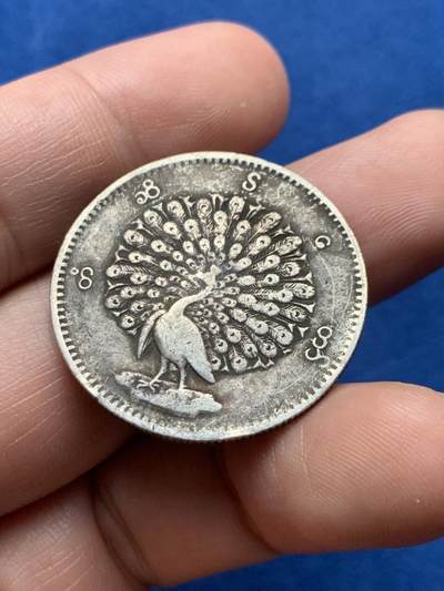 《竞宝斋》第437场 周日，周一2场连拍 （全场包邮） 缅甸孔雀1KYAT银币 细节见图