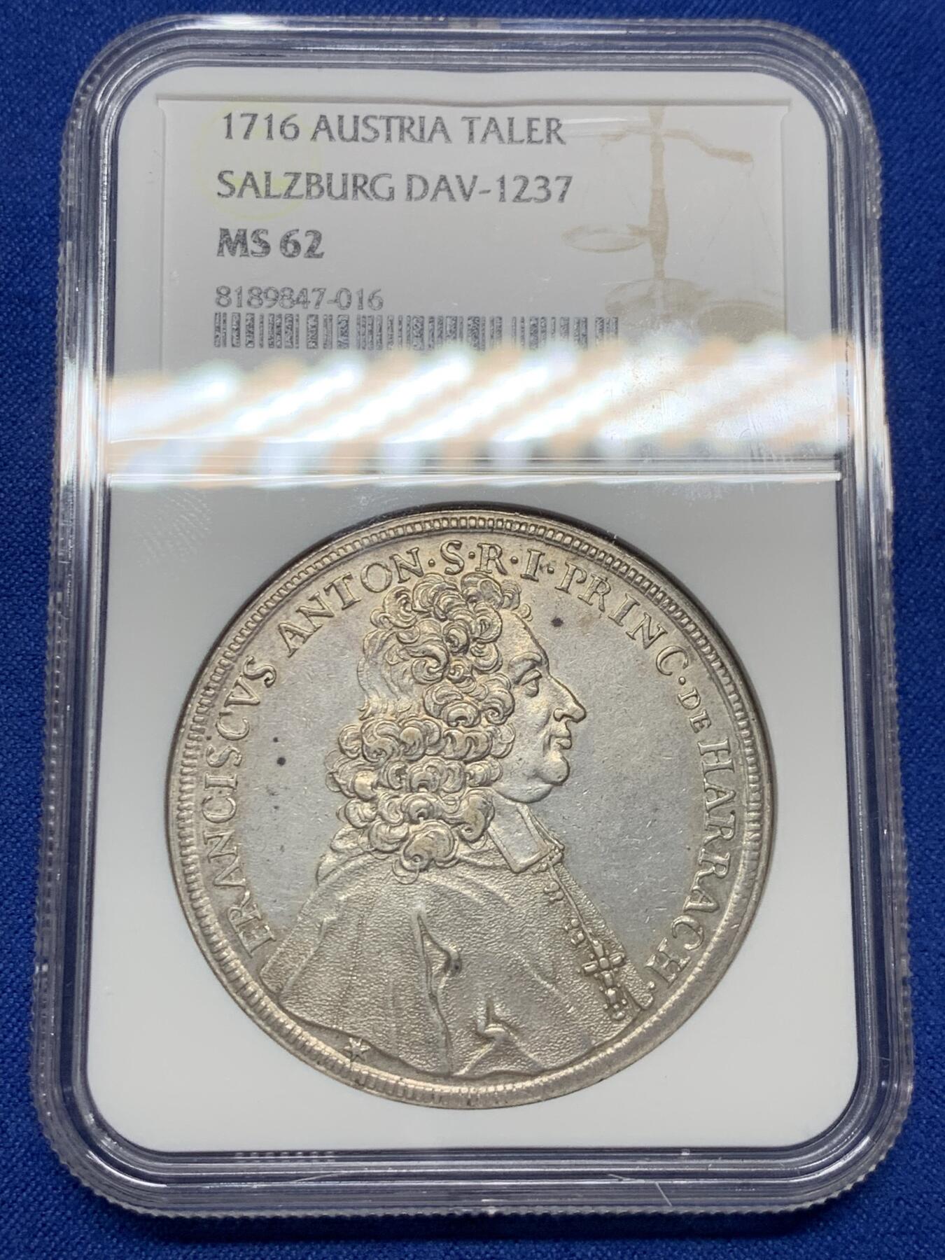 《竞宝斋》第437场 周日，周一2场连拍 （全场包邮） 唯一冠军分 NGC MS62 萨尔茨堡主教区 1716年 安东尼亲王 泰勒大银币 很多年都看不到一个品种 也是唯一入盒的有分的