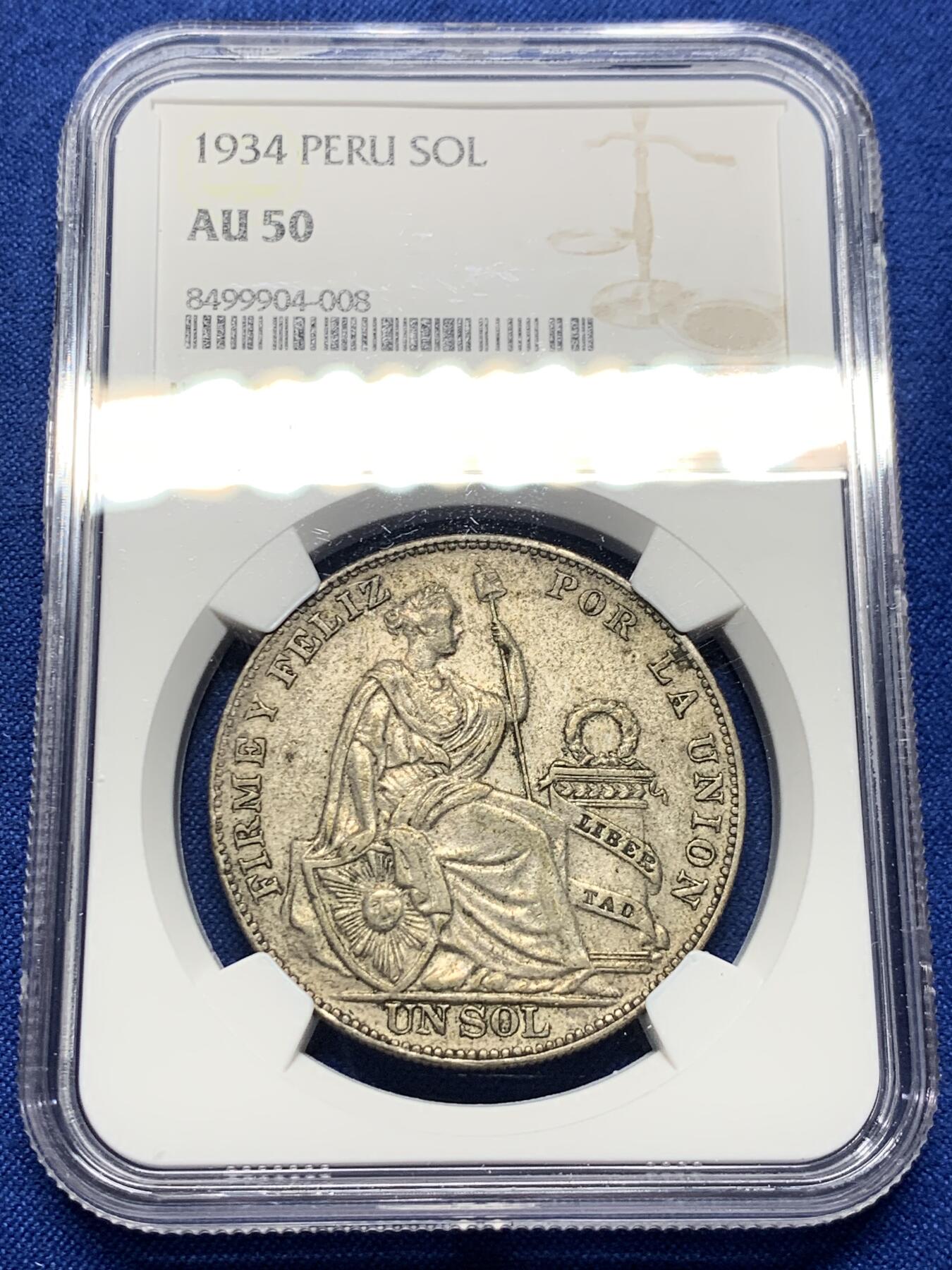 《竞宝斋》第437场 周日，周一2场连拍 （全场包邮） NGC AU50 秘鲁 1934年 女神 1索尔 银币 老包浆状态很舒服