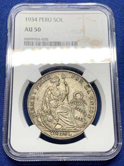 《竞宝斋》第437场 周日，周一2场连拍 （全场包邮） - NGC AU50 秘鲁 1934年 女神 1索尔 银币 老包浆状态很舒服