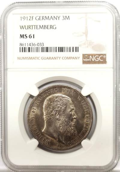 博洋堂世界钱币拍卖第146期（全场包邮） - NGC MS61 德国符腾堡1912年威廉二世3马克银币