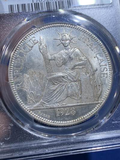 《竞宝斋》第437场 周日，周一2场连拍 （全场包邮） PCGS MS62 法属印支 1928-A 坐洋 铸打精美 银霜感十足 难得精品 坐洋5珍之一 脸部状态非常好 这个非常难得