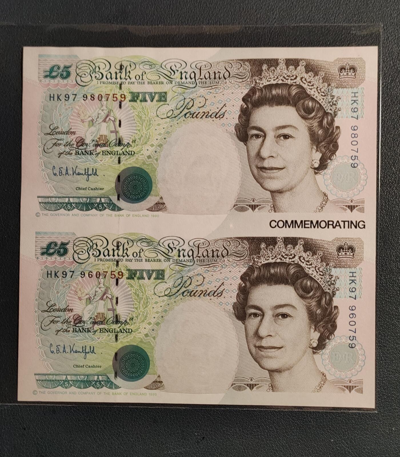 中外各国钞、纪念钞、券专场（第三十三场） 英国5镑97香港回归纪念双联全新老纸钞欧洲钱币 灯下有斑 介意勿拍