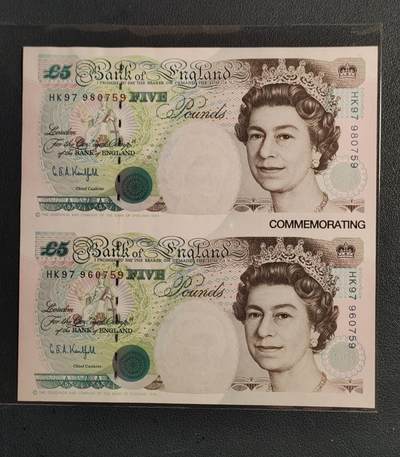 中外各国钞、纪念钞、券专场（第三十三场） - 英国5镑97香港回归纪念双联全新老纸钞欧洲钱币 灯下有斑 介意勿拍