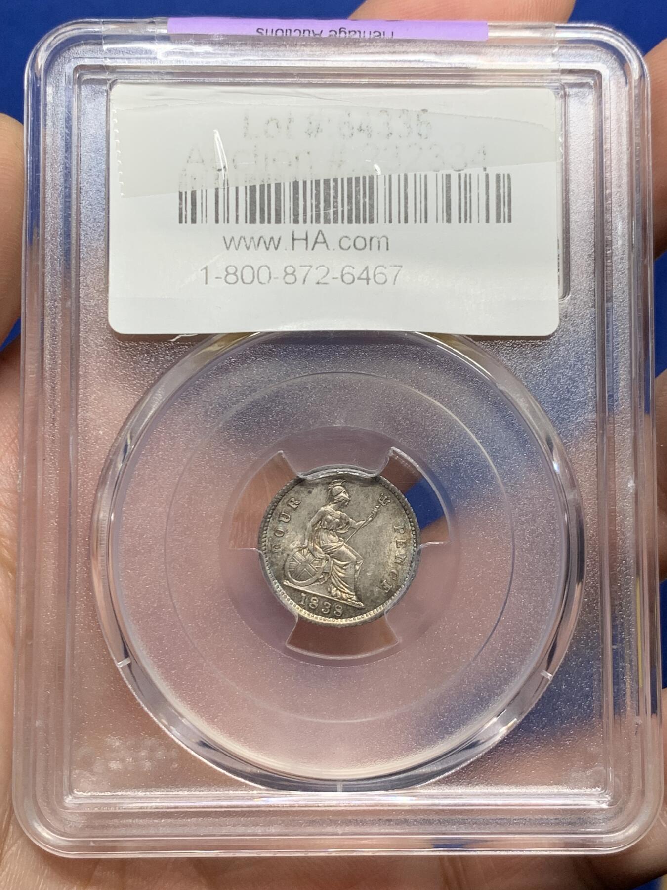 《竞宝斋》第437场 周日，周一2场连拍 （全场包邮） PCGS MS64+ 英国 1838年维多利亚首年GROAT 4便士银币 状态很好 转光十足