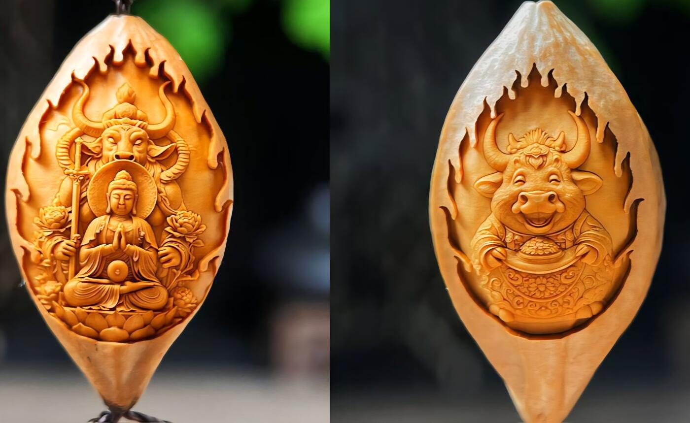 听雨轩（22）精品十二生肖双面核雕专场 橄榄核雕2.1双面十二生肖 牛 单粒