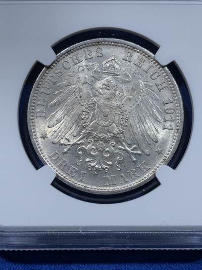 《竞宝斋》第437场 周日，周一2场连拍 （全场包邮） NGC MS64 德国符腾堡 1911年 银婚纪念 3马克