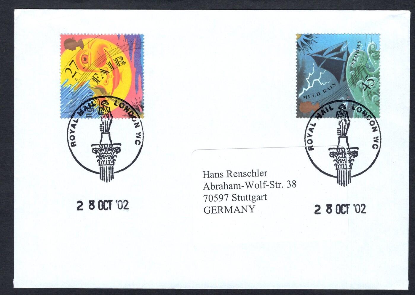 洪涛臻品批发群 精选邮票限时拍卖第1162期  英国2002年寄德国实寄封 天气邮票-晴朗与暴风雨