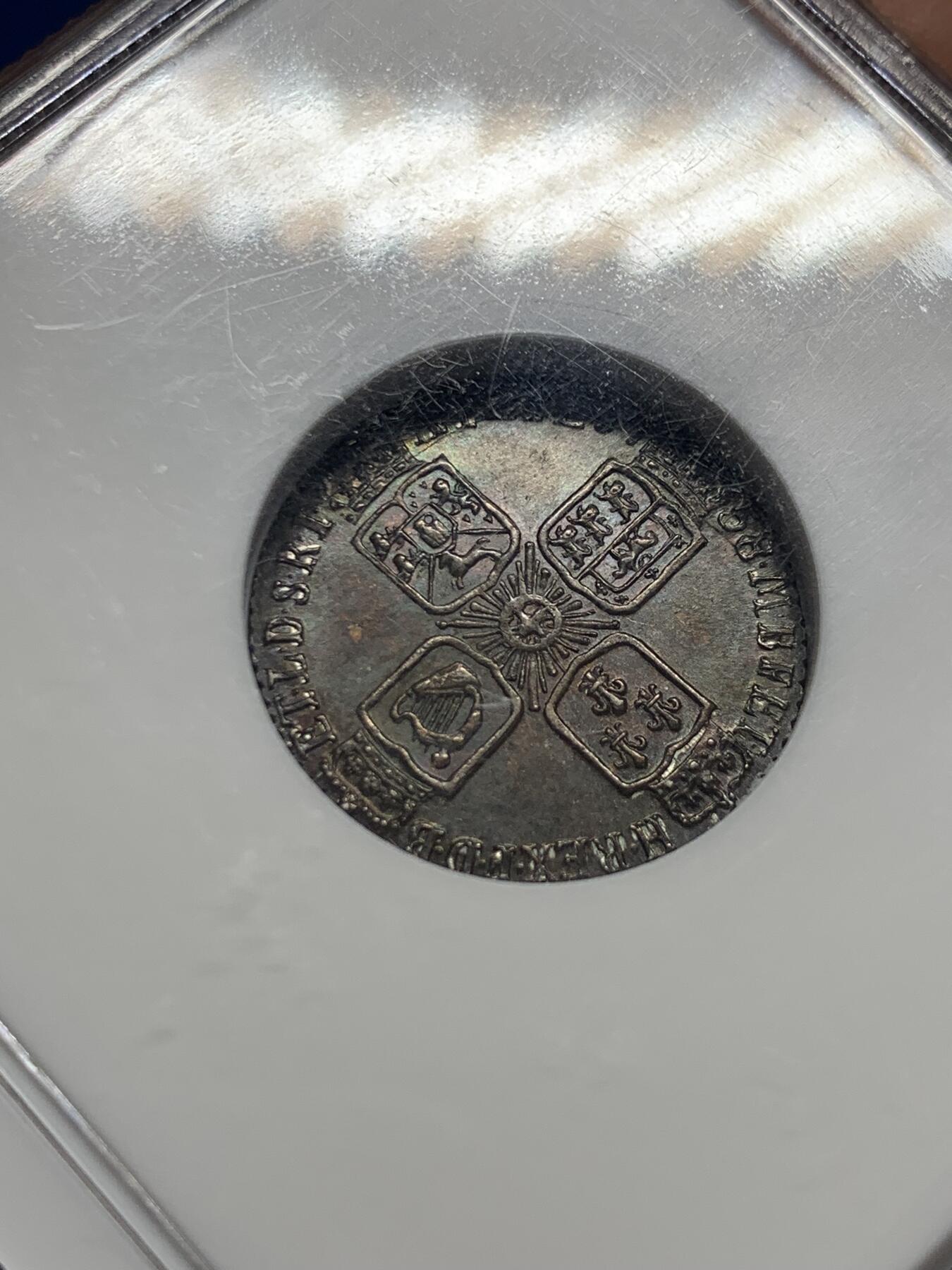 《竞宝斋》第437场 周日，周一2场连拍 （全场包邮） NGC MS63 英国 1758年 乔治二世末年六便士银币 双面原味深彩包浆 镜面感十足 没有黑麻子 全深打 值得关注