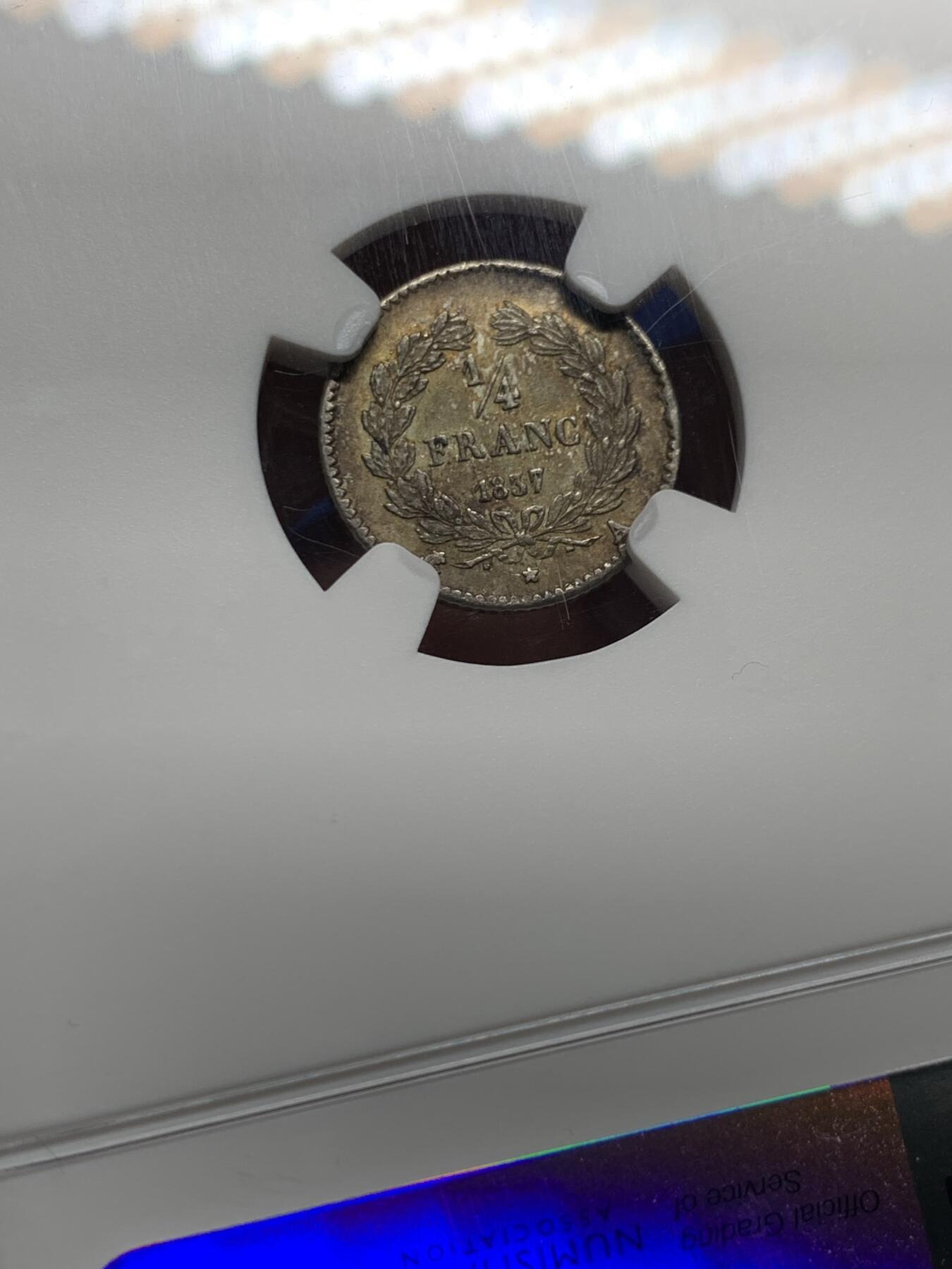 《竞宝斋》第437场 周日，周一2场连拍 （全场包邮） NGC MS62 法国 1837年 查理十世 1/4F 银币 少见小面值银币