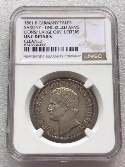 世界钱币专场拍卖 每周二开拍 - NGC UNC 1861年德国萨克森约翰五世双狮1泰勒银币 底板细节好