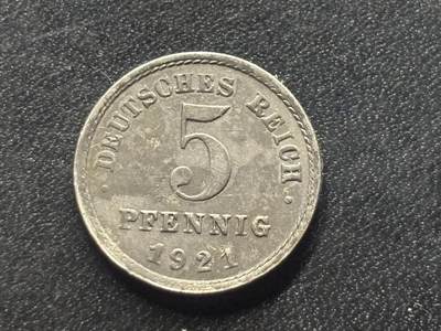 邮泉阁限时拍卖第三十五场 德国硬币专场（硬币在国外。请付邮费6元。） - 德意志帝国1921年5芬尼E版