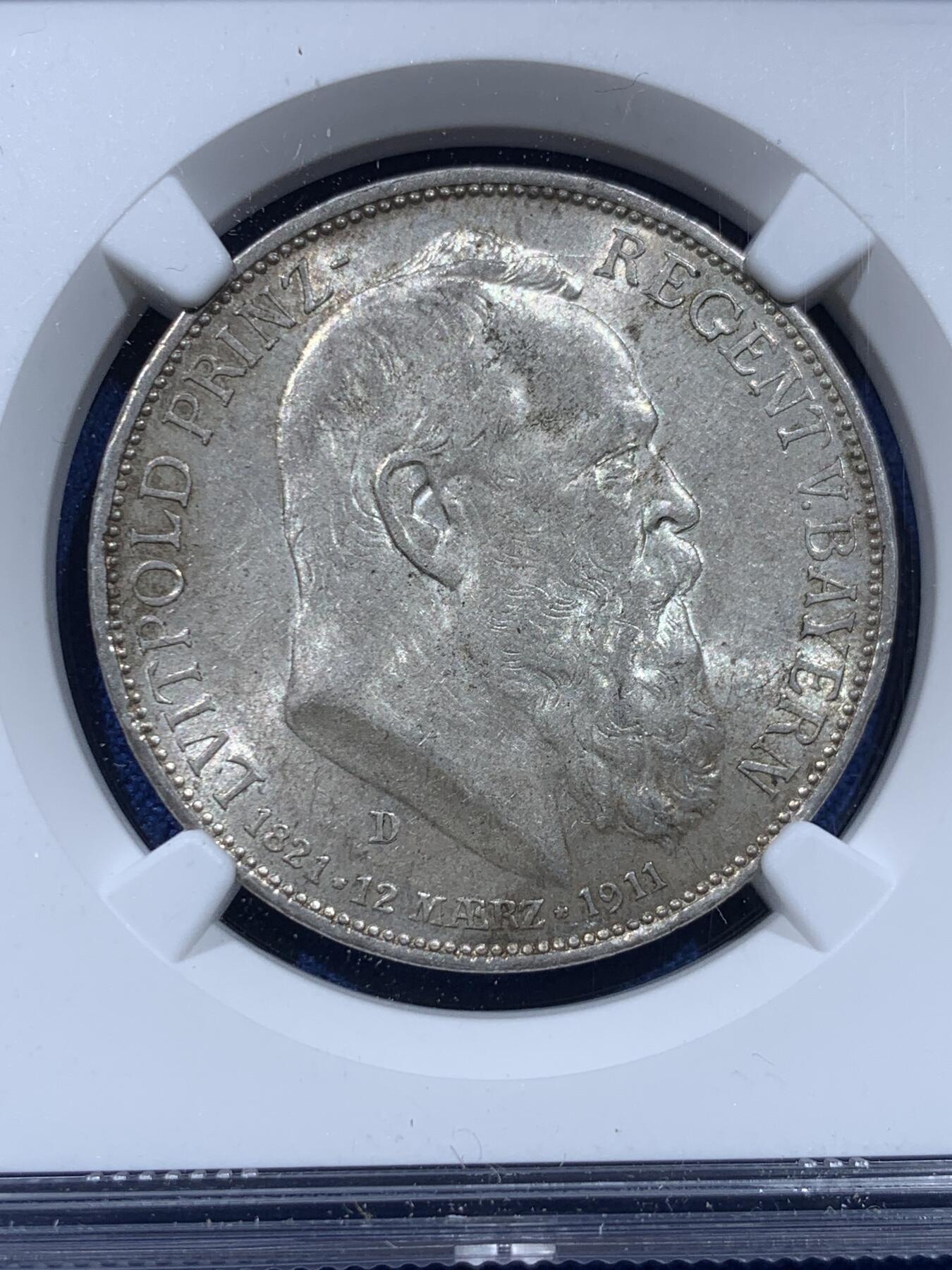 《竞宝斋》第437场 周日，周一2场连拍 （全场包邮） NGC MS63 德国巴伐利亚1911年D版利奥波德摄政王3马克银币