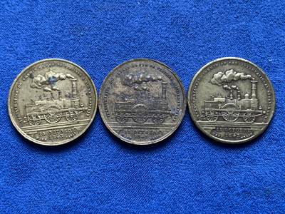 《竞宝斋》第437场 周日，周一2场连拍 （全场包邮） - 三枚一组 1843年纪念10月15日维尔维耶至亚琛铁路线开通铜质奖章 背面图案为普鲁士与比利时纹章 总重约20.75克