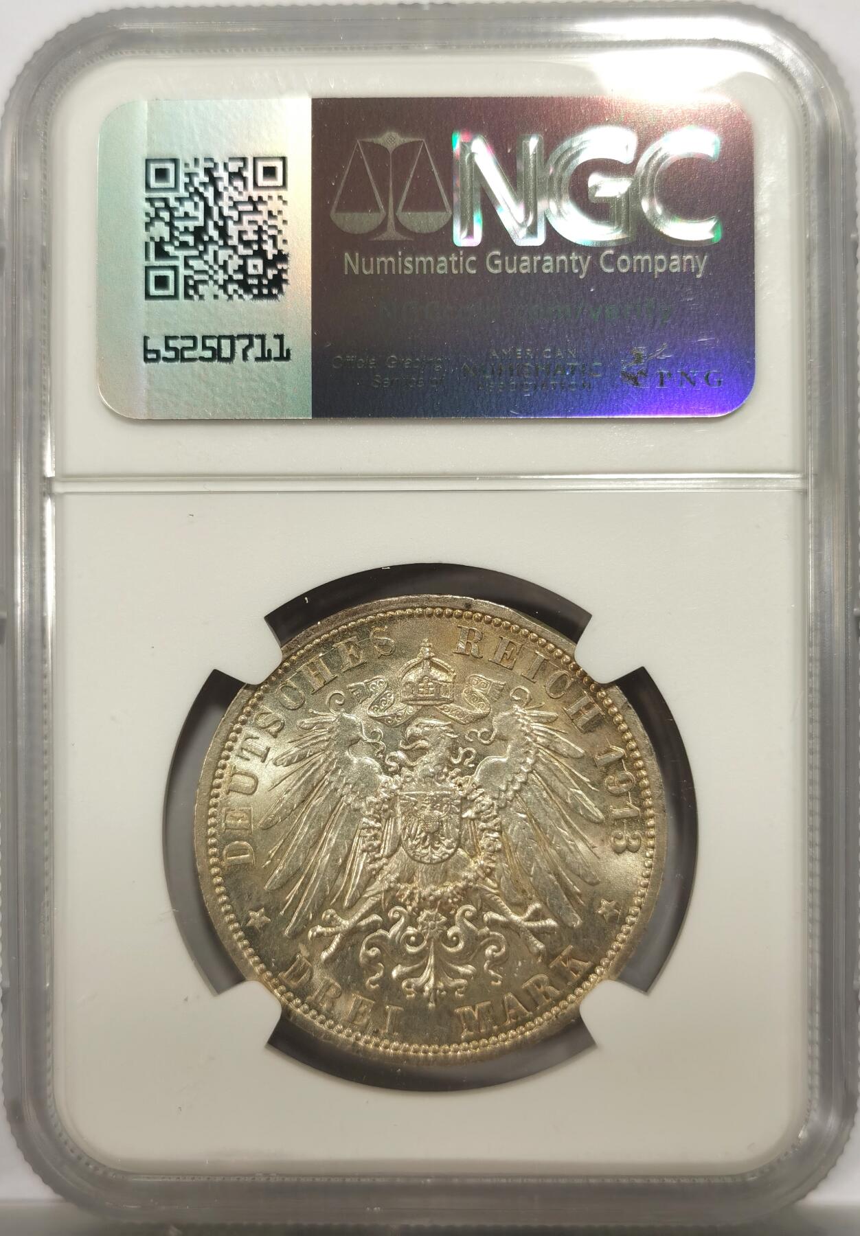 博洋堂世界钱币拍卖第146期（全场包邮） NGC MS62 德国普鲁士1913年威廉二世花枝3马克银币