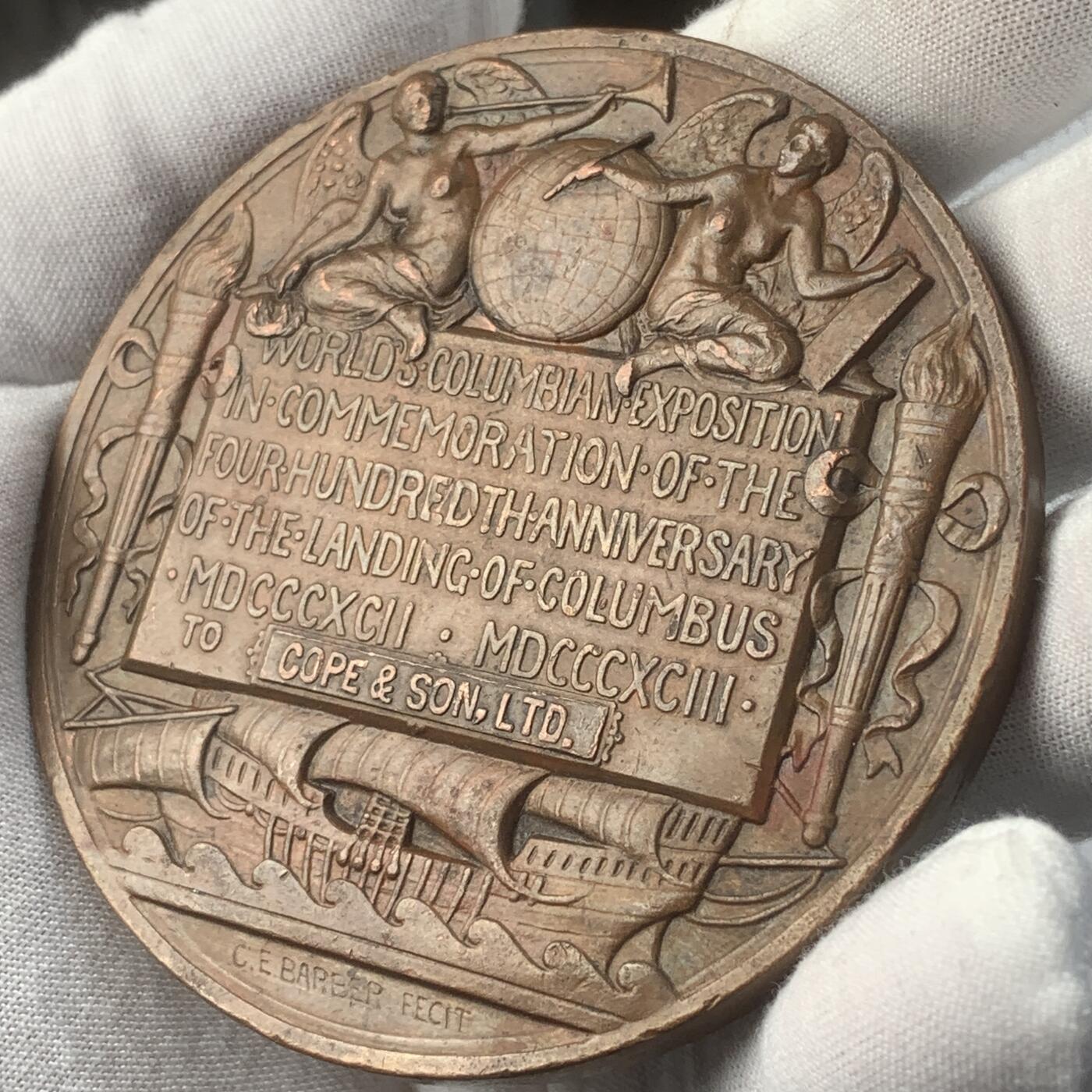 掌中浮雕-藏着的欧洲第041场 	1893年美国芝加哥博览会铜章，76mm