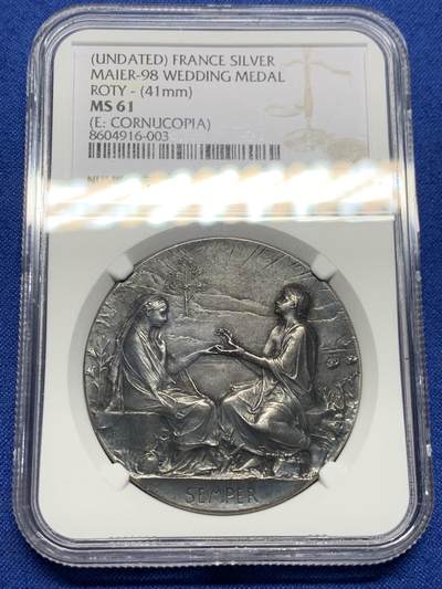 《竞宝斋》第437场 周日，周一2场连拍 （全场包邮） - NGC MS61 银质婚章 ”真爱永恒“罗蒂名章，稀少无刻字版。可以作为朋友、家人刻字结婚、或者结婚纪念用。不可多得，非常特别的礼物。41mm，丰饶角边铭。