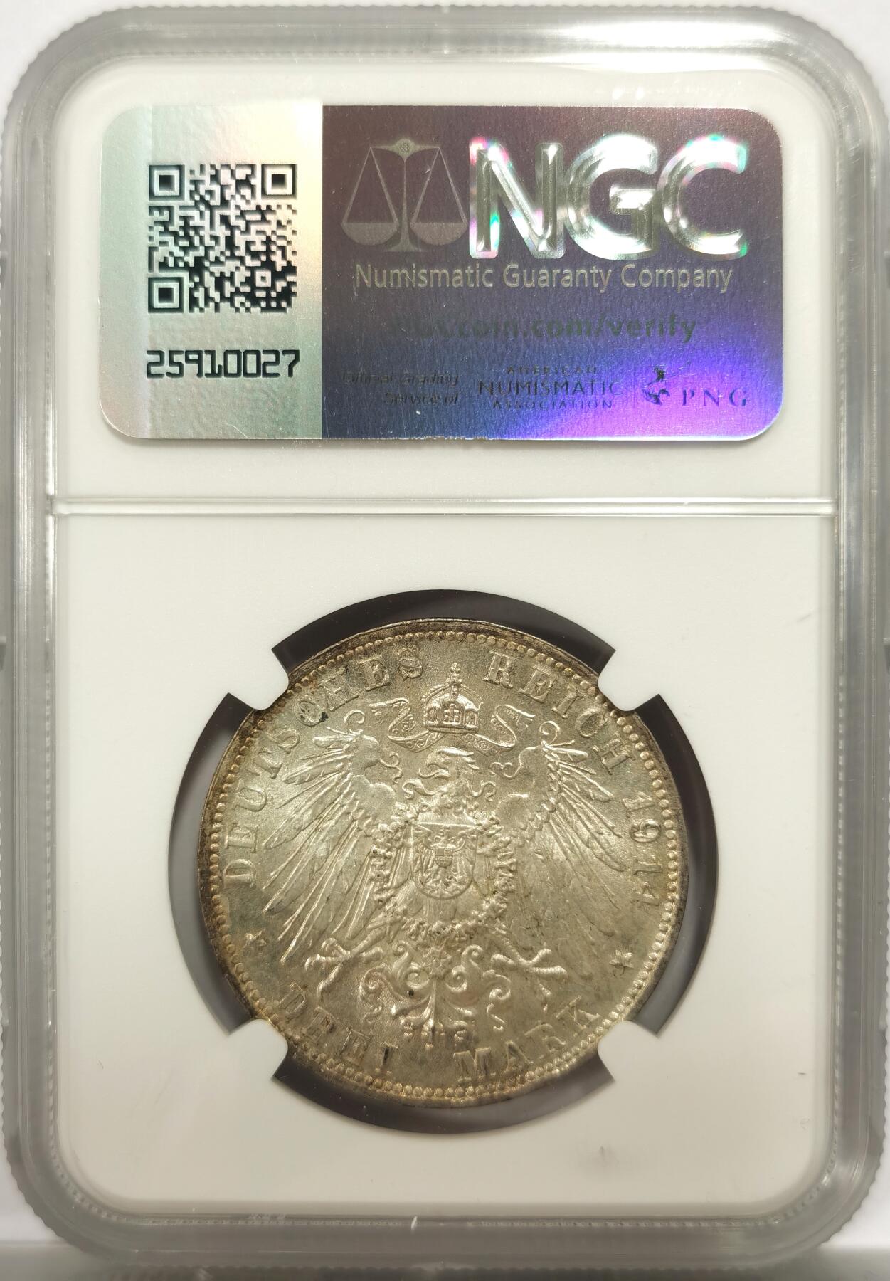 博洋堂世界钱币拍卖第146期（全场包邮） NGC MS62 德国巴伐利亚1914年路德维希三世3马克银币